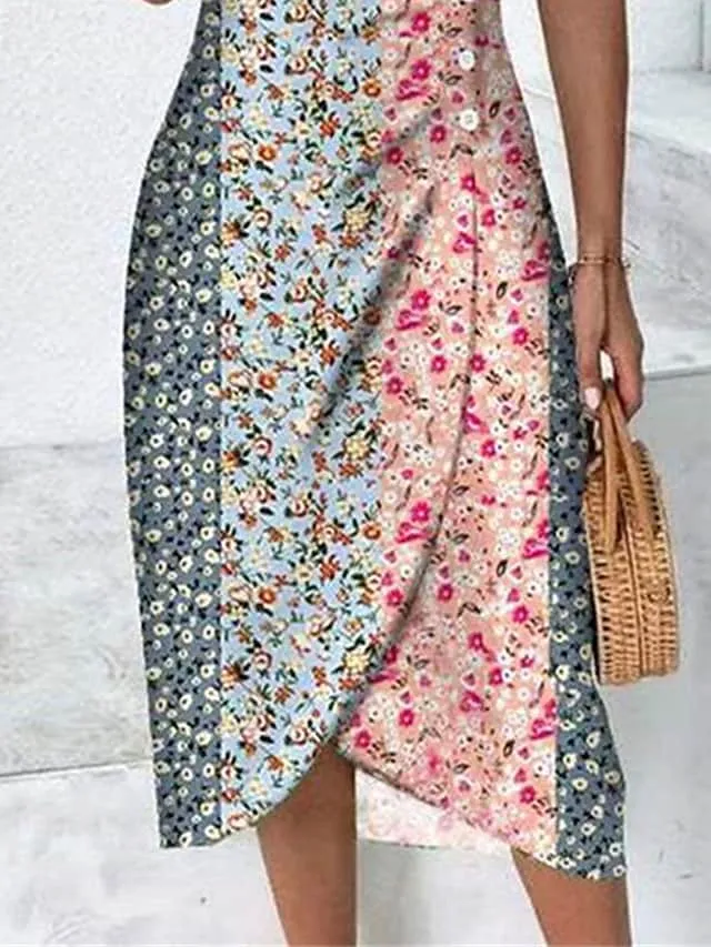 Women's Casual Dress Summer Dress Print Dress Floral Patchwork Button V Neck Midi Dress Fashion Classic Daily Holiday Short Sleeve Loose Fit Pink Summer Spring S M L XL XXL