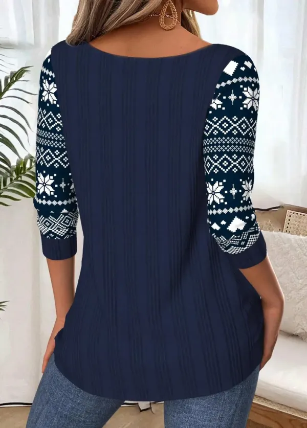 Navy Tummy Coverage Tribal Print Long Sleeve T Shirt