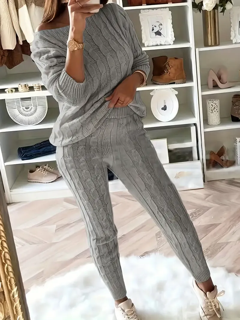 Solid Knitted Matching Two-piece Set, Casual Long Sleeve Sweater & Pants Outfits, Women's Clothing
