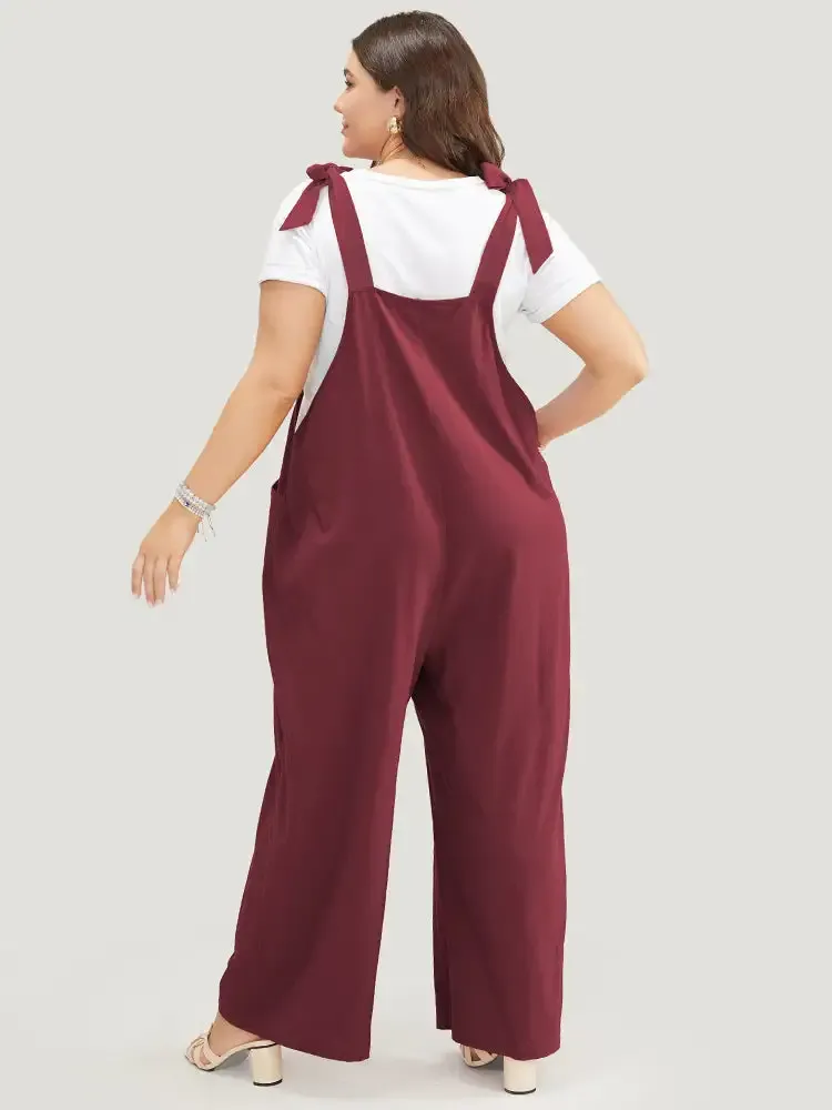 Solid Pleated Detail Pocket Knotted Shoulder Overall Jumpsuit
