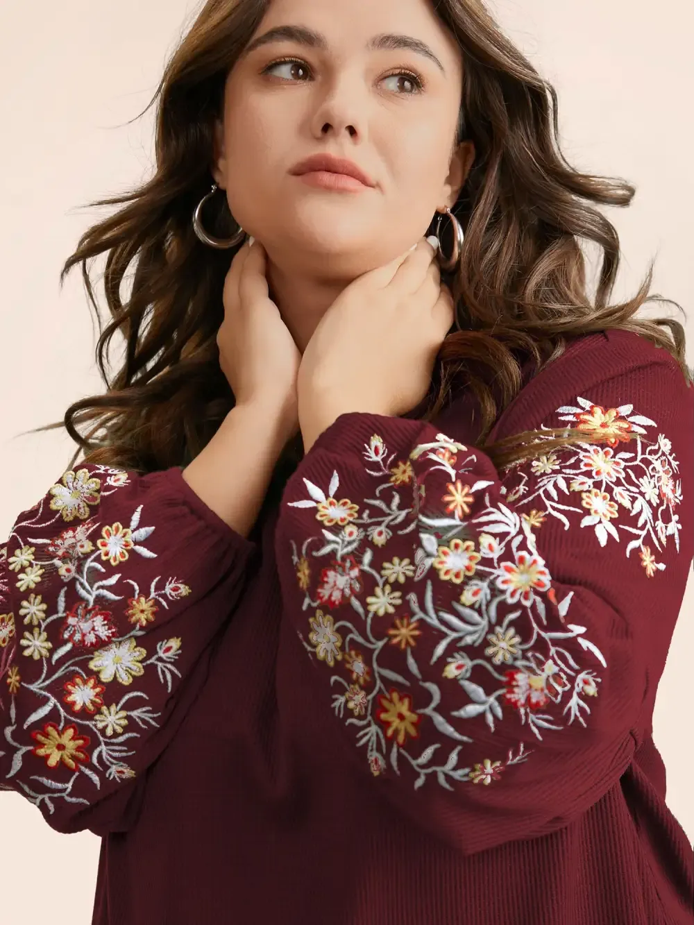 Waffle Knit Floral Embroidered Lantern Sleeve T-Shirt