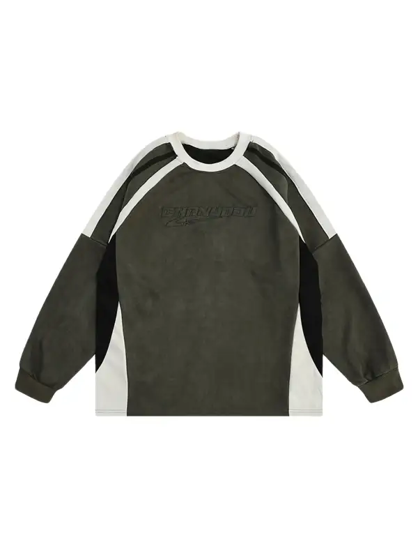 Patchwork Color-Blocked Raglan Embroidered Sweatshirt