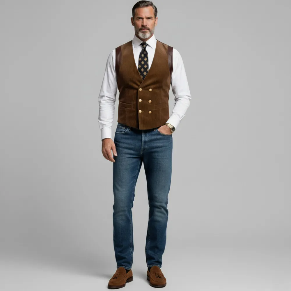 Men's Brown Corduroy Patchwork PU Leather Double Breasted V Neck Vest