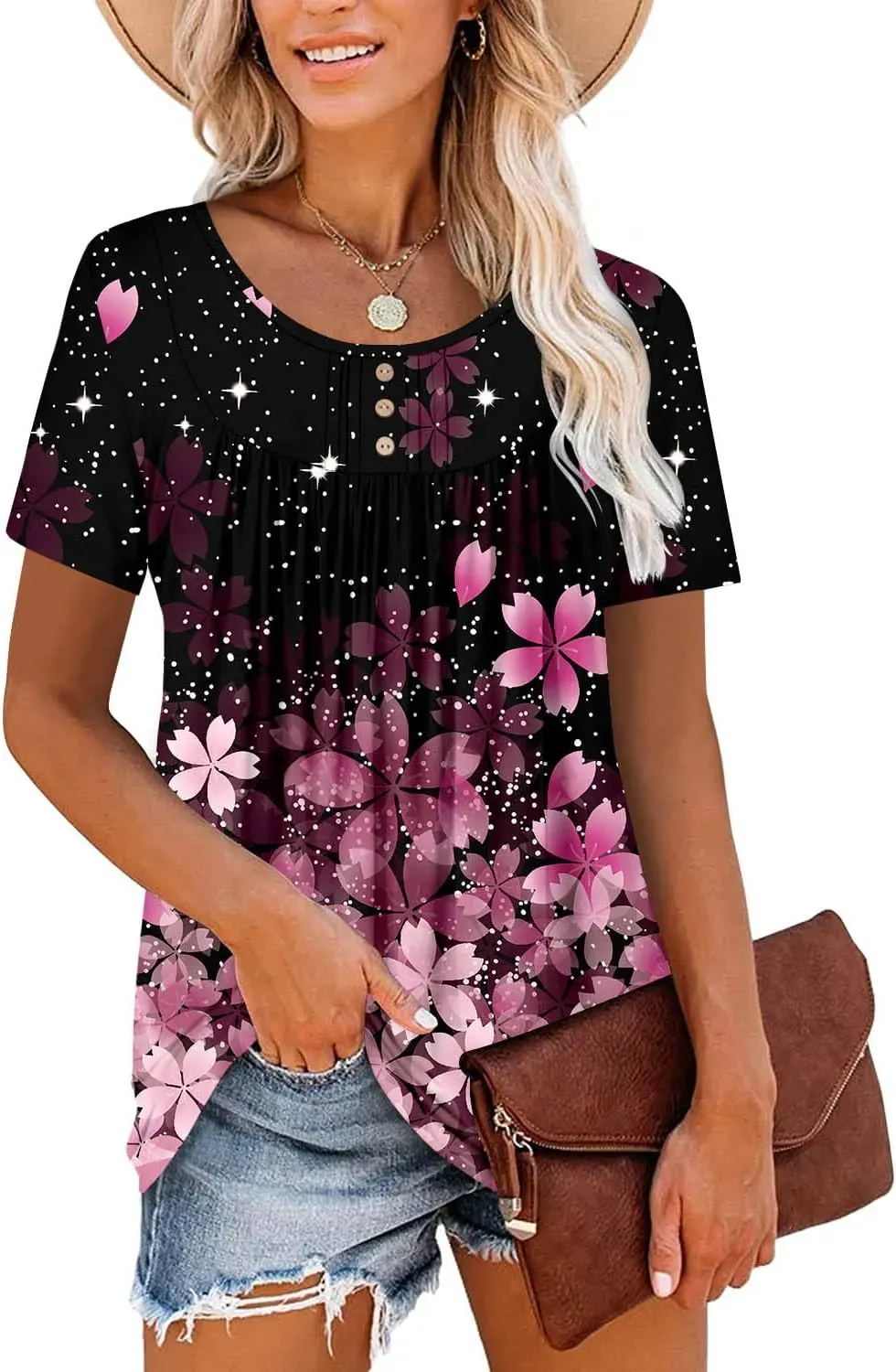 ✨Women's Summer Printed Pleated Crew Neck Tee