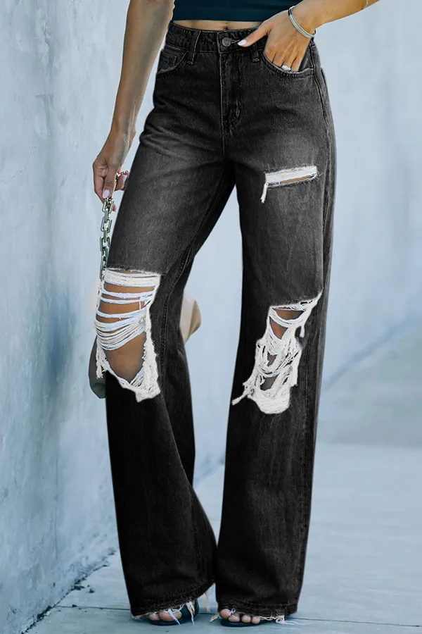Solid Cut Out Straight Denim Pants