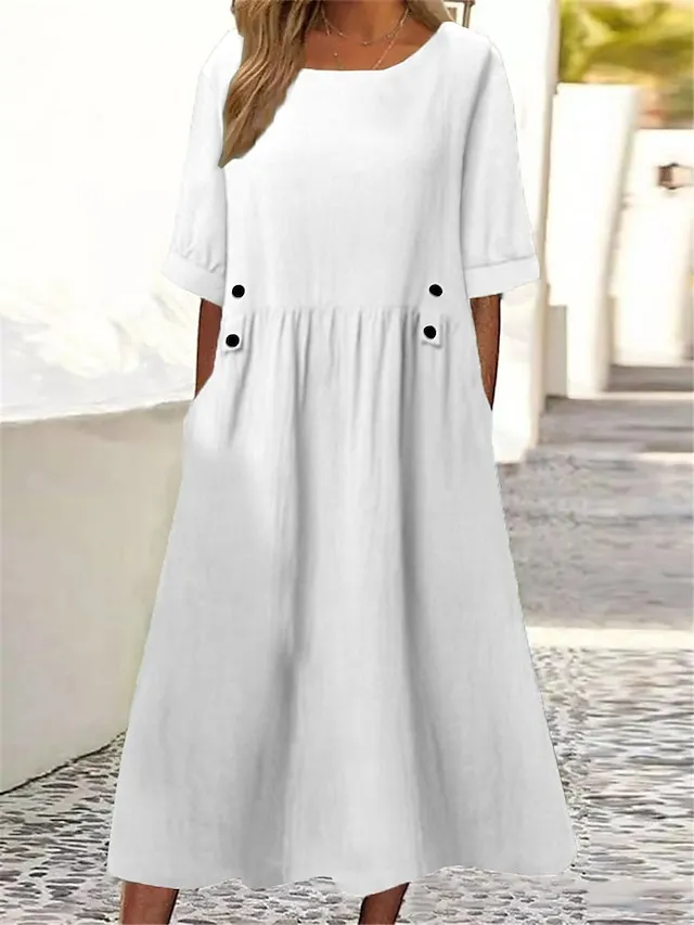 Women's Cotton Linen Dress Casual Dress Midi Dress Cotton Blend Basic Casual Outdoor Daily Vacation Crew Neck Ruched Button Short Sleeve Summer Spring 2023 Loose Fit White Purple Green Plain M L XL