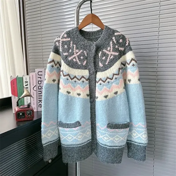 Women's Sweater Cardigan Fair Isle Sweater Vintage Fashion Streetwear Geometric Crew Neck Buttons Knitted Long Sleeve Regular Tops Knit Outdoor Daily Weekend Blue Fall Winter