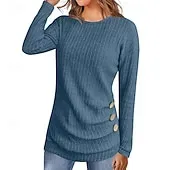 Women's Sweater Pullover Streetwear Casual Solid Color Ribbed Crew Neck Buttons Knitted Long Sleeve Regular Tops Knit Daily Holiday Weekend Black Army Green Fall Winter