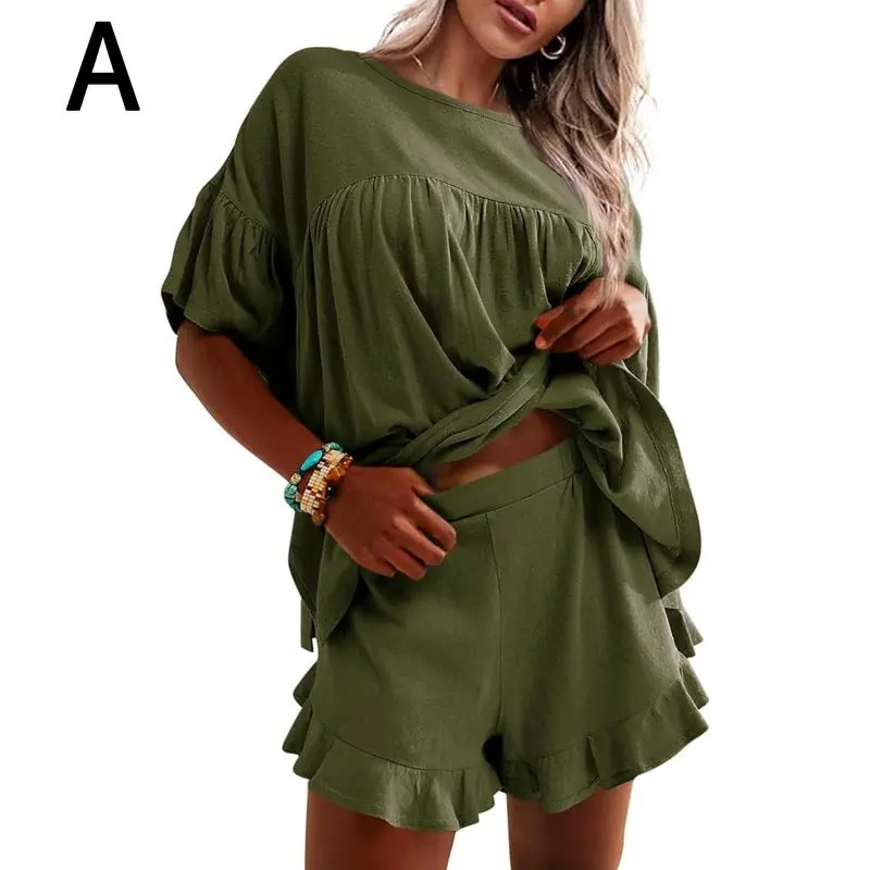 Women's 2 Piece Pajama Set – Ruffle Sleeve Top & Shorts Lounge Outfit