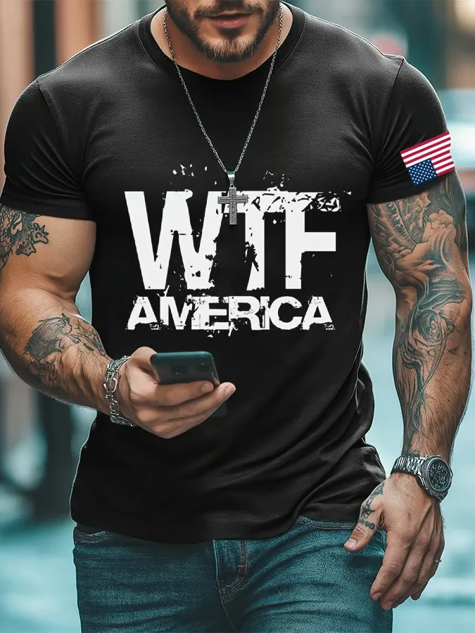 Men'S Retro America WTF Print Casual Round Neck T-Shirt