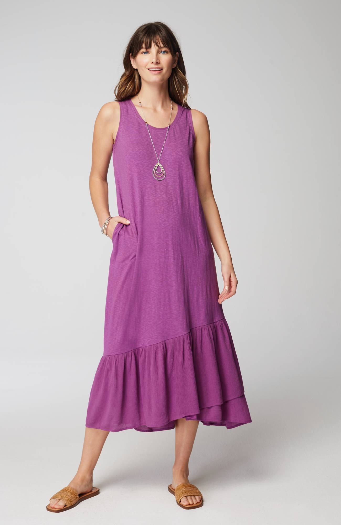 Mixed-Media Flounced-Hem Knit Dress