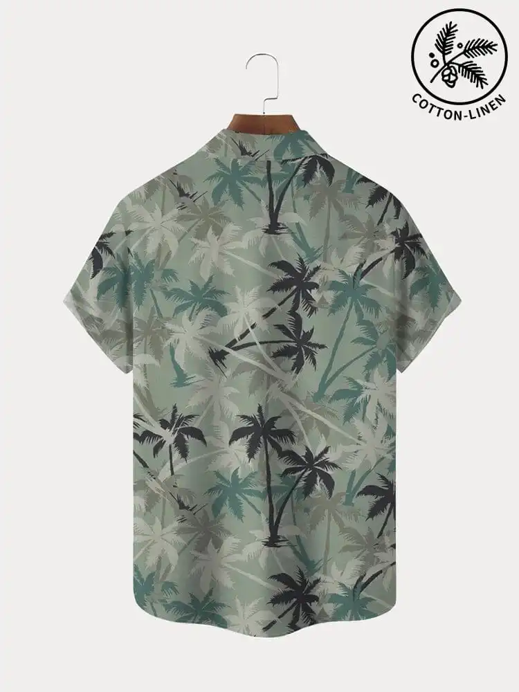 Hawaiian Coconut Tree Graphic Cotton Linen Shirt
