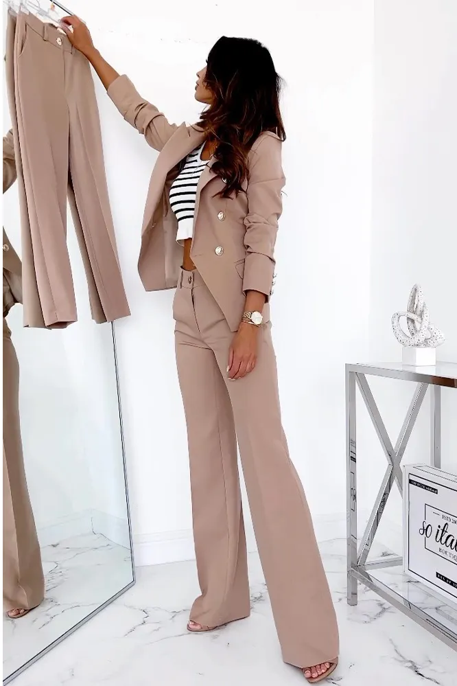 Women's Fashion Solid Color Slimming Button Jacket Pants Two Piece Set