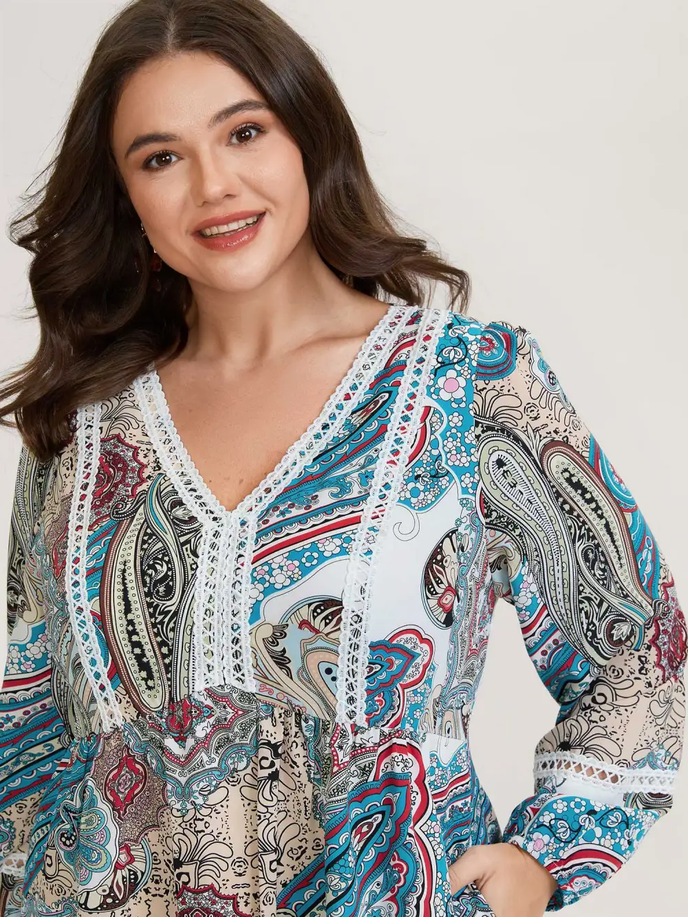 Paisley Print Lace Trim Midi Dress