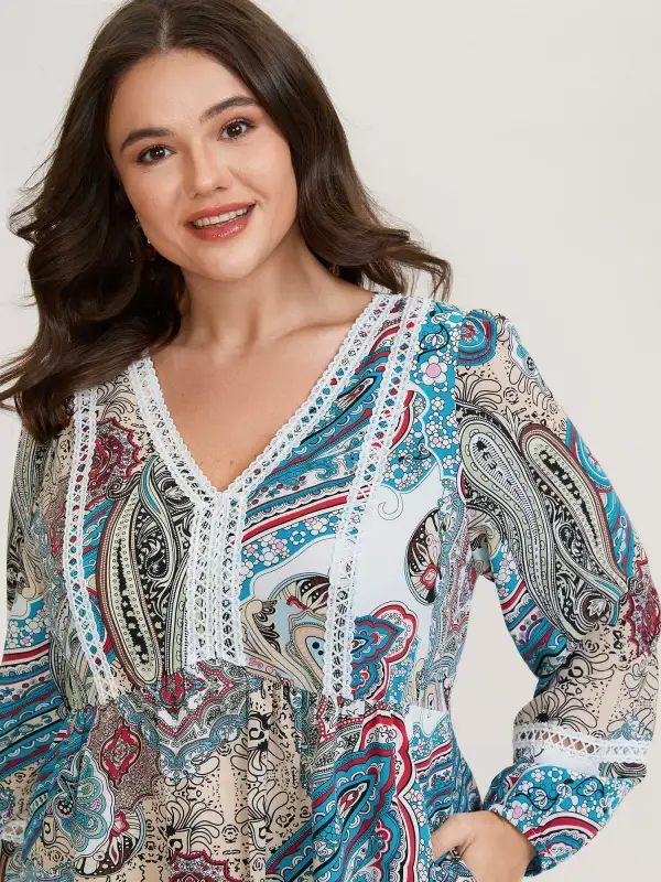 Paisley Print Lace Trim Midi Dress