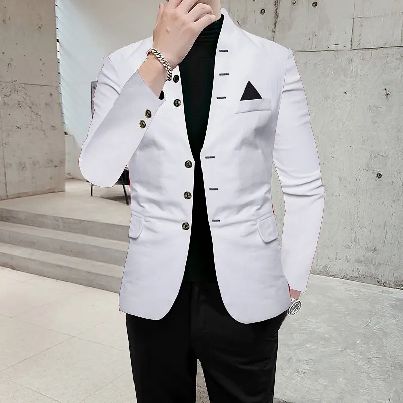 Men's Party Stand Collar Button Design Chest Pocket Blazer