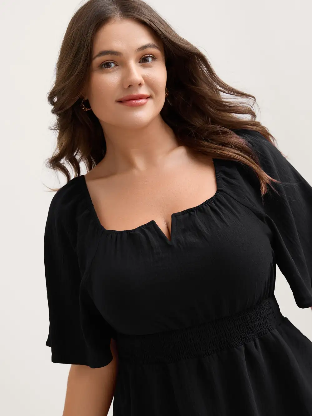 Stretchy Neckline Waist-Cinched Solid Blouse