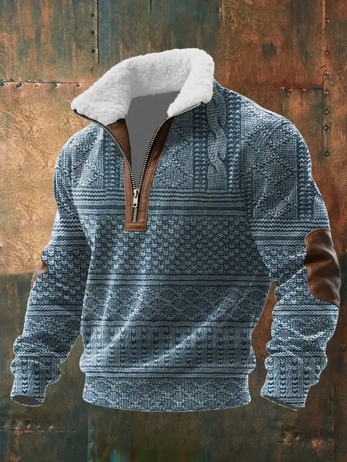 Men's Casual Retro Textured Print Zipper Sweatshirt