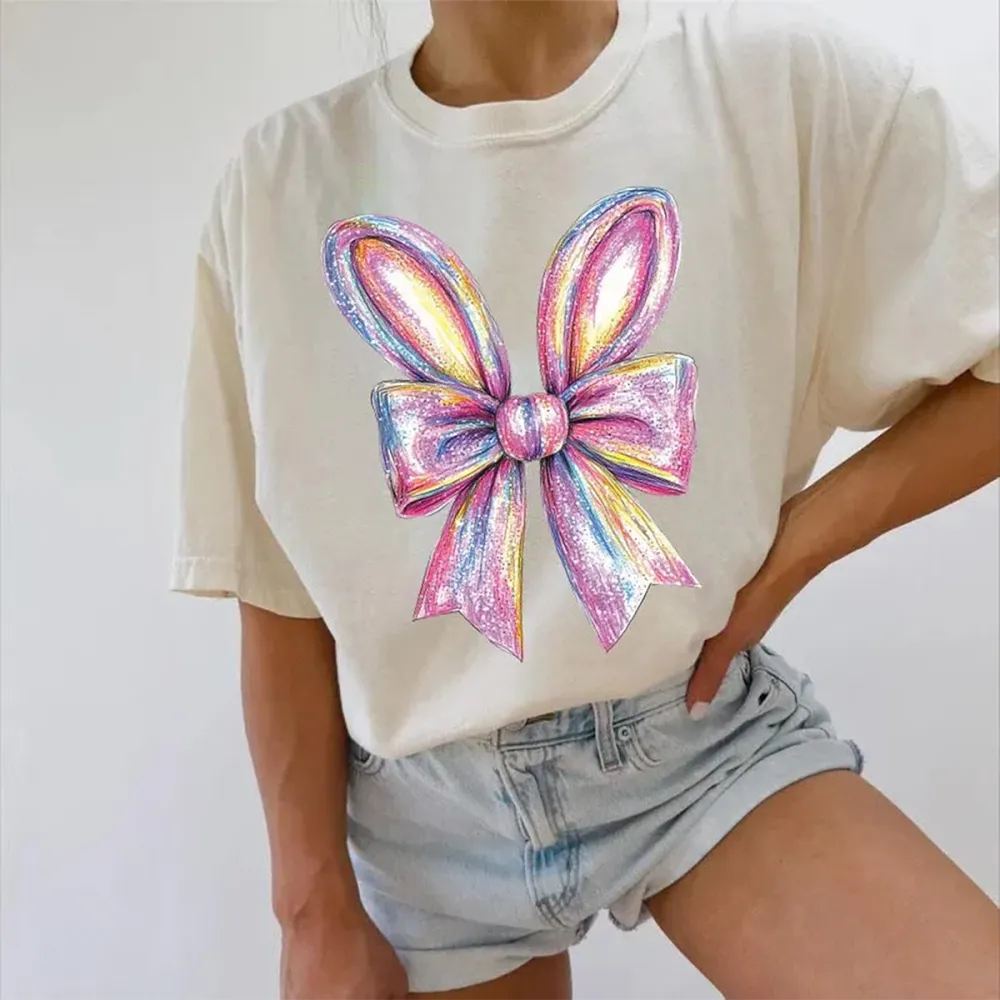 Easter Shiny Bunny Ear Bow Printed Round Neck Short Sleeve T-Shirt