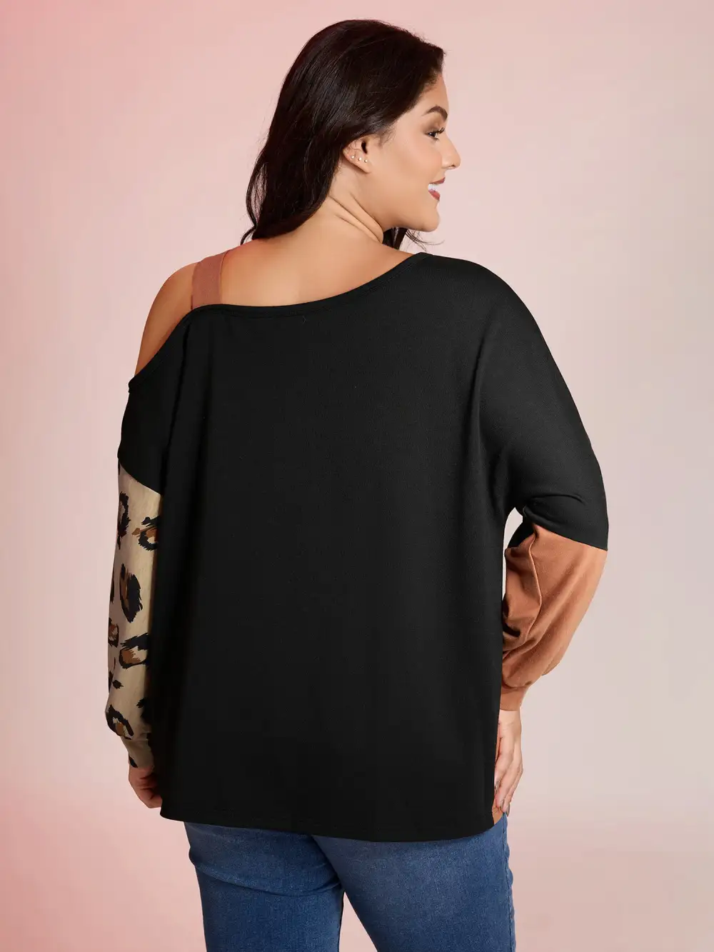 Leopard Print Colorblock One-Shoulder Sweatshirt