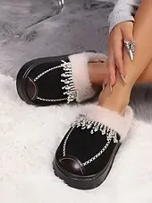 Women's Faux Fur Lined Rhinestone Slippers, Warm Plush Non-Slip Indoor Shoes, Elegant Winter House Footwear for Holiday Comfort