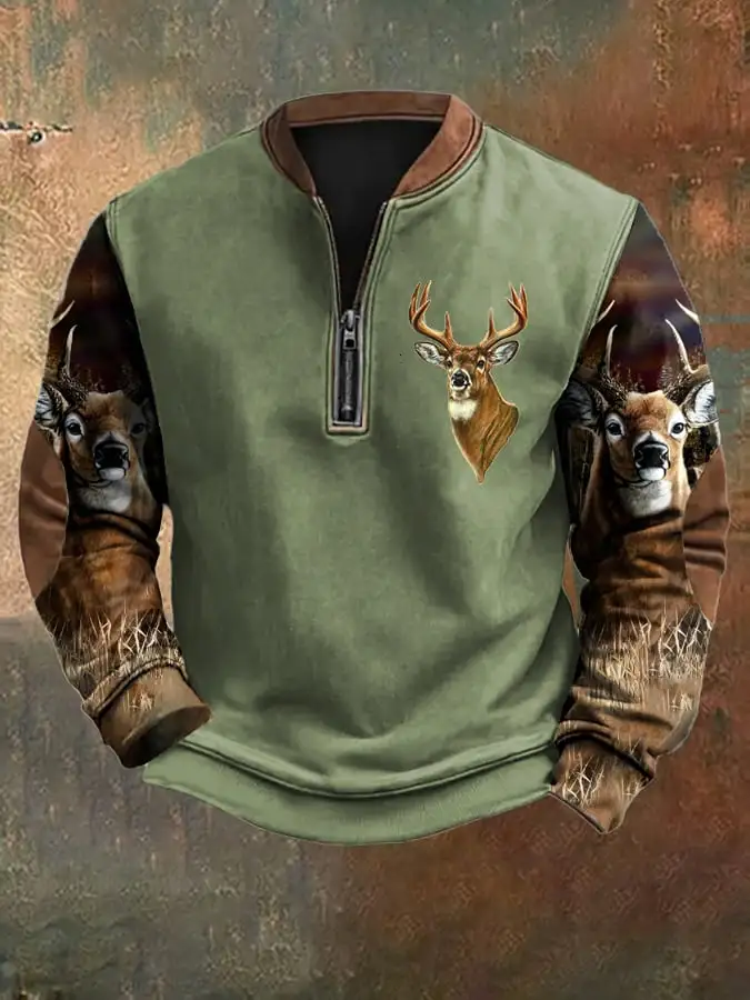 Men's Casual Vintage Camouflage Elk Zip-Up Sweatshirt
