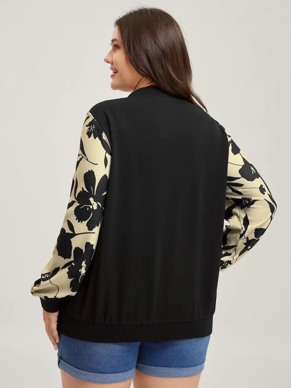 Silhouette Flower Print Zipper-Front Jacket