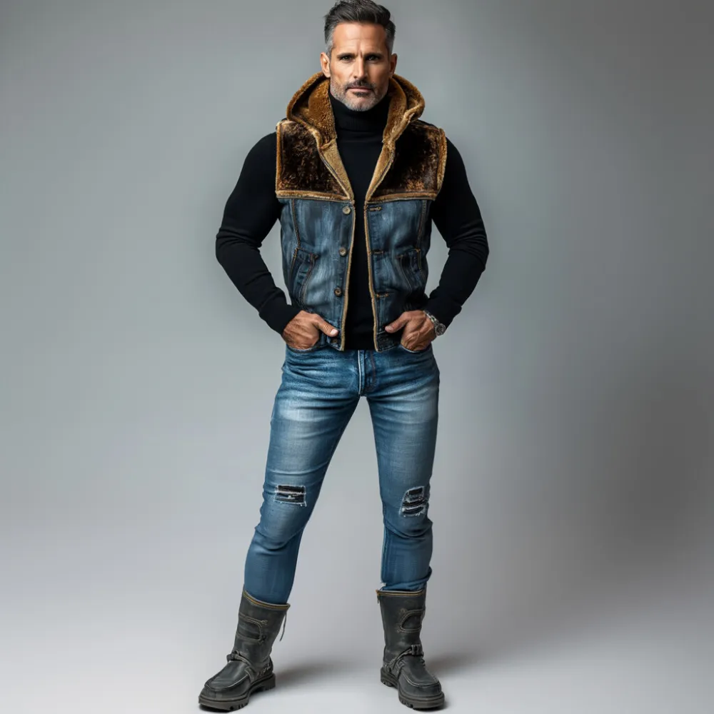Men's Plush Patchwork Denim Single Breasted Hooded Vest