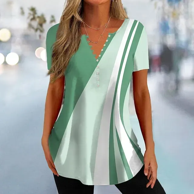 Women's T shirt Tee Black Pink Blue Color Block Button Print Short Sleeve Daily Weekend Basic V Neck Regular Painting S