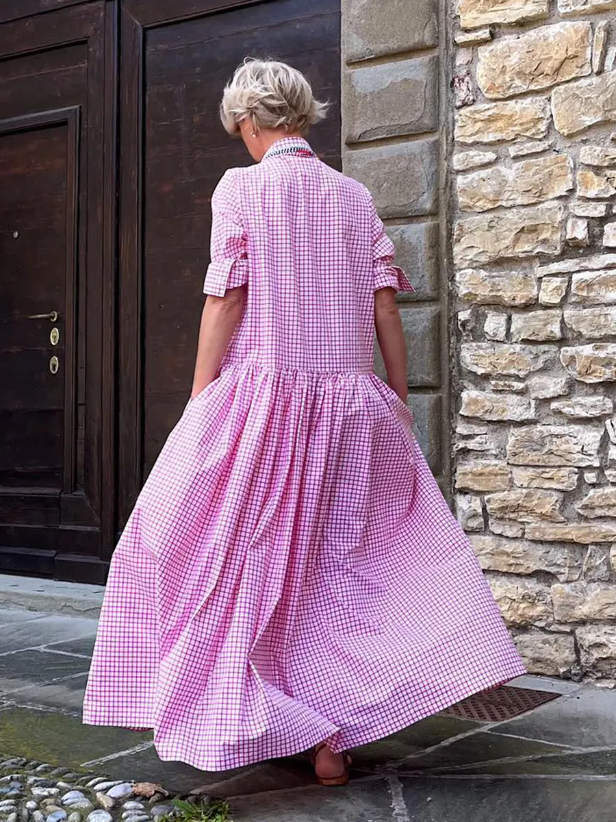 Women's Plaid Print Shirt Maxi Dress