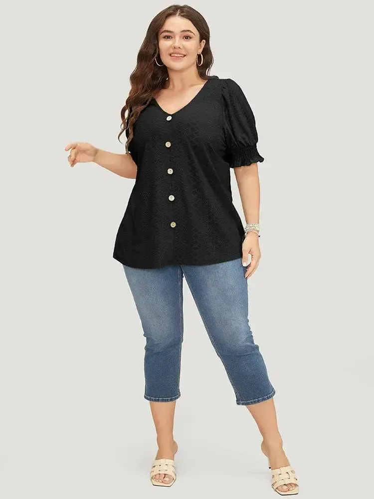 Plain Broderie Anglaise Shirred Puff Sleeve Button Detail T-shirt