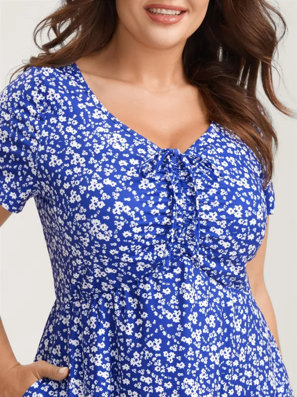 Ditsy Floral Elastic Waist Knot Drawstring Dress