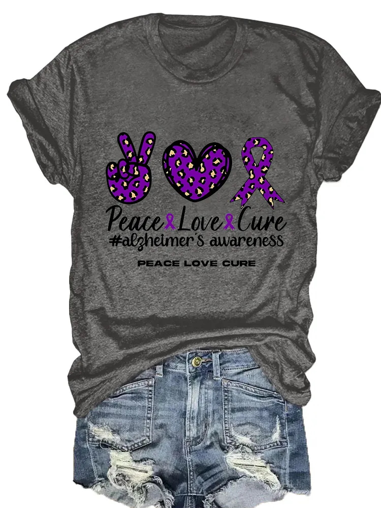 Women'S Peace Love Cure Alzheimer'S Awareness Round-Neck T-Shirt