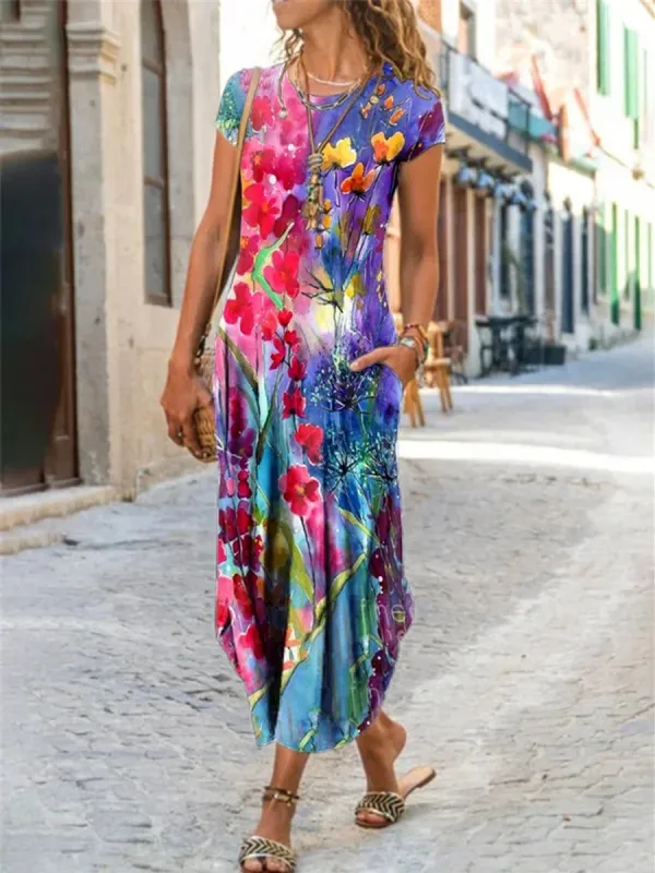 Vintage Print Cotton-Blend Short Sleeve Maxi Dresses