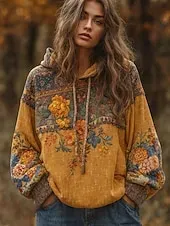 Women's Pullover Hoodie Sweatshirt Floral Graphic Elegant Warm Active Long Sleeve Hooded Regular Tops Street Dailywear Casual Patchwork Print Yellow Pink Blue Light Purple Purple Spring Fall Winter