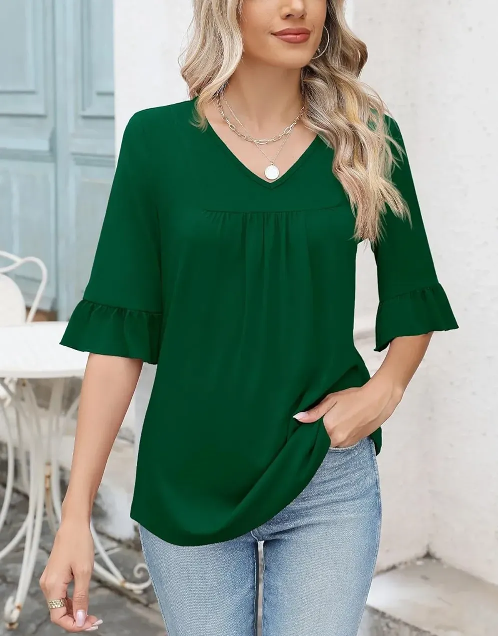 ✨WOMENS 3/4 LENGTH SLEEVE V-NECK CASUAL RUFFLE SLEEVE TUNIC BLOUSES