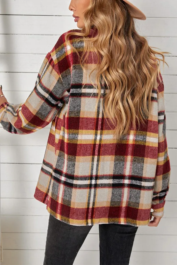 Vintage Plaid Pattern Pocket Design Lapel Top