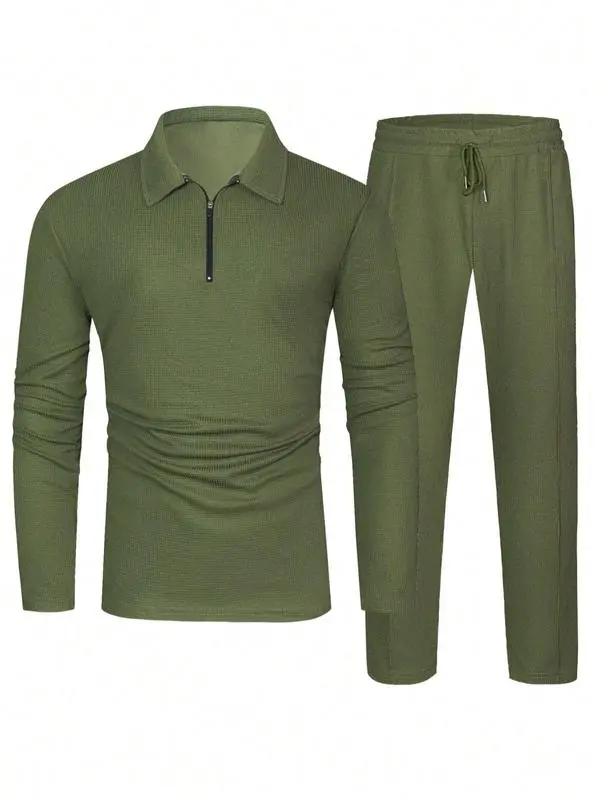 Men's Solid Textured Long Sleeve Polo Shirt & Drawstring Waist Pants Set