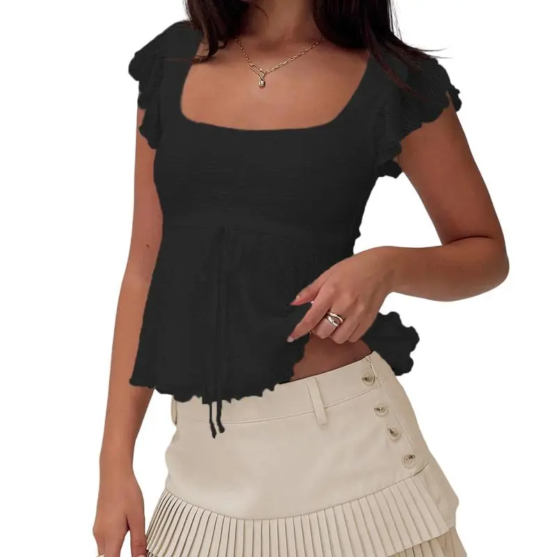 Women's Cropped Flying Sleeve Top – Square Neck with Flying Sleeves & Bow