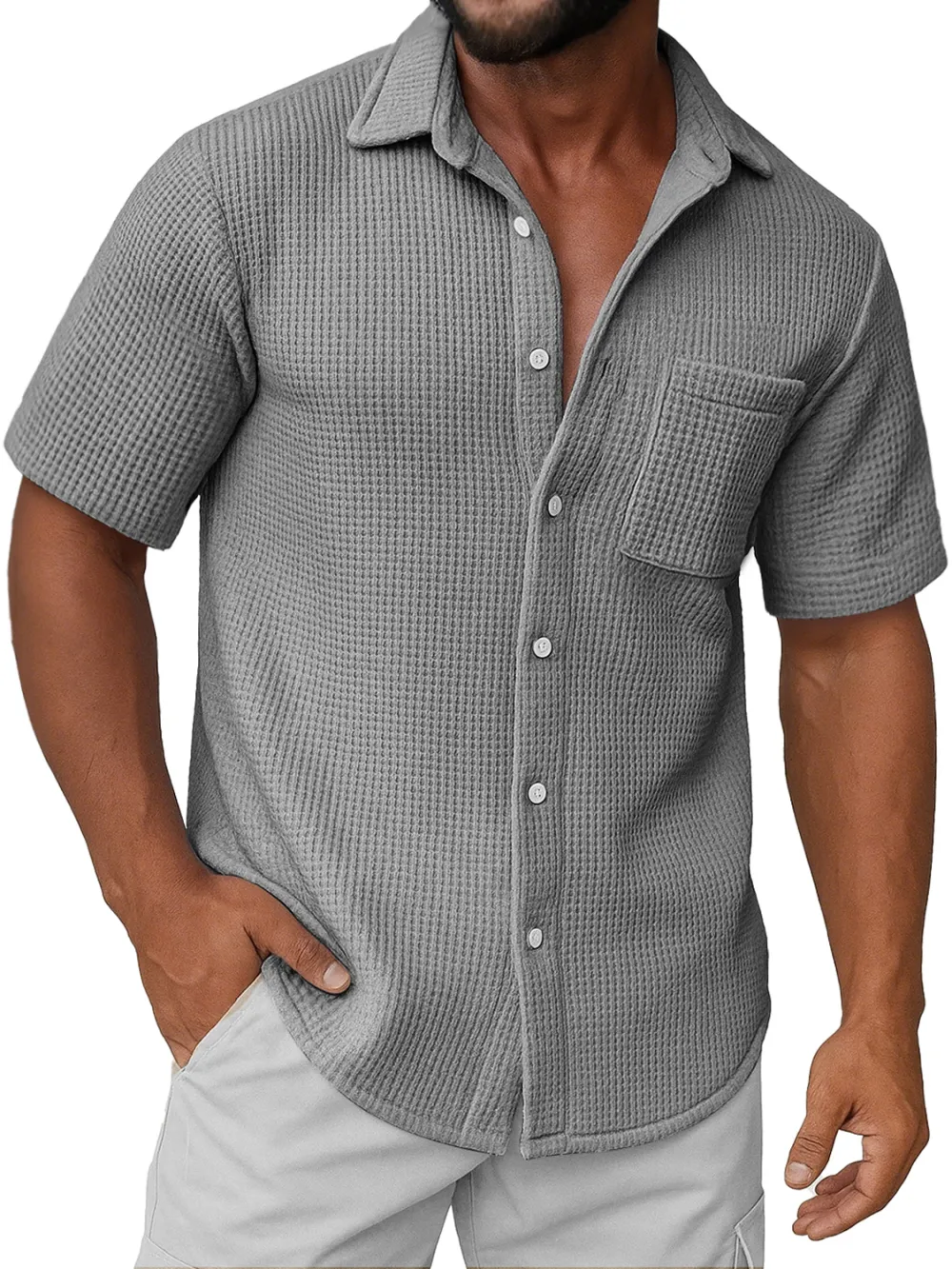 Men's Daily Waffle Texture Casual Pocket Comfort Short Sleeve Shirt