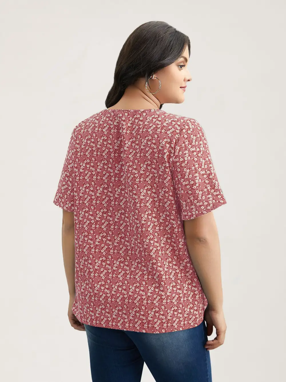 Floral Ruffle Sleeve Gathered Round Neck Blouse