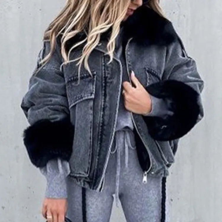 Winter Faux Fox Fur Collar Jacket Denim Women Elegant Big Pockets Jacket