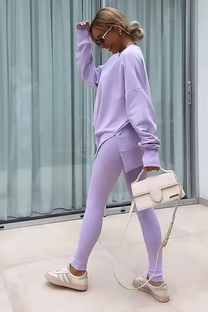 Women's solid color round neck top and pants two-piece set