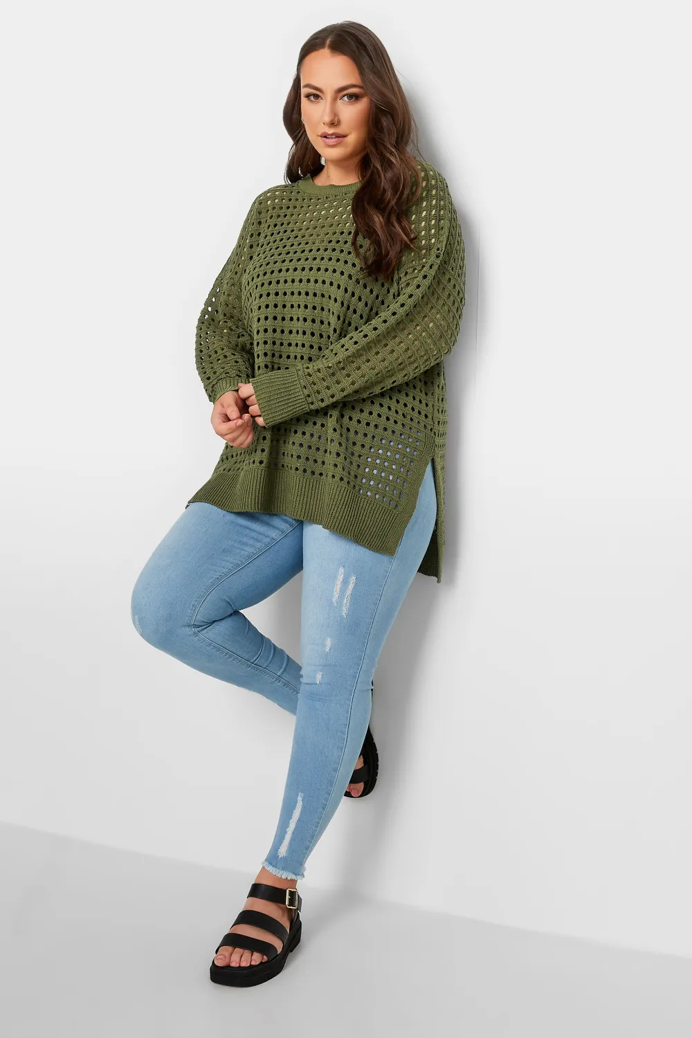 YOURS Curve Black Side Split Crochet Jumper