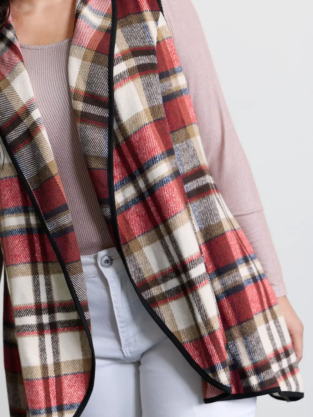 Plaid Curvy Hem Open-Front Vest