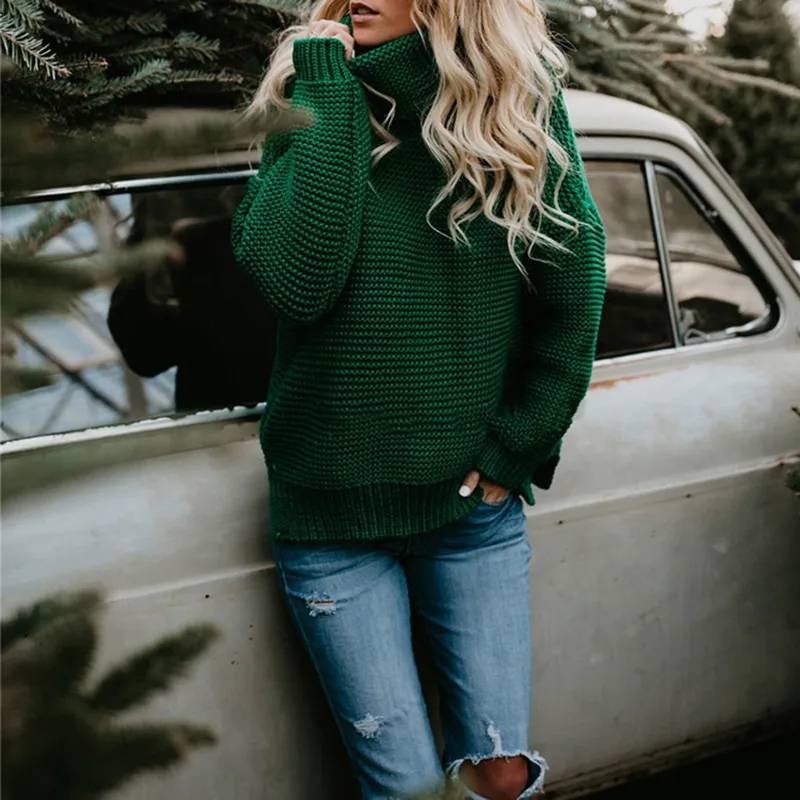 Solid Color High Neck Pullover Knitted Sweater