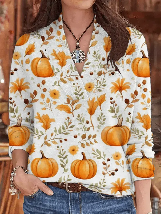 Women's Autumn Pumpkin Casual V-Neck Long Sleeve Knit Top