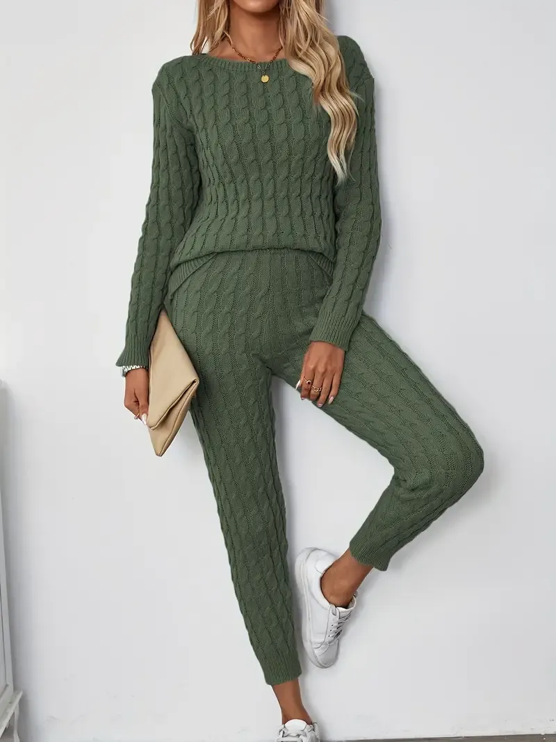 Solid Knitted Matching Two-piece Set, Casual Long Sleeve Sweater & Pants Outfits, Women's Clothing