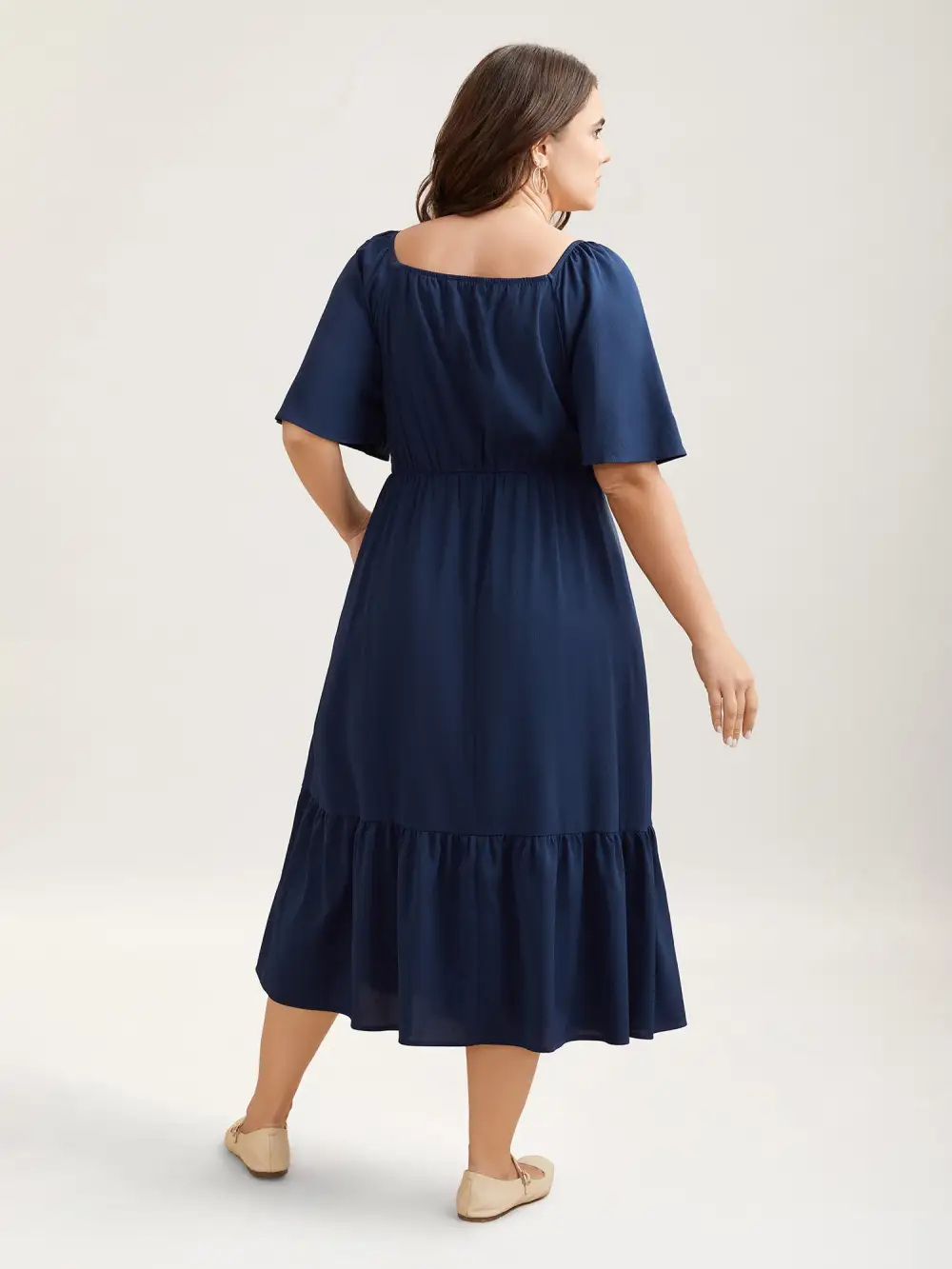 Textured Stretchy Waist Milkmaid Style Midi Dress