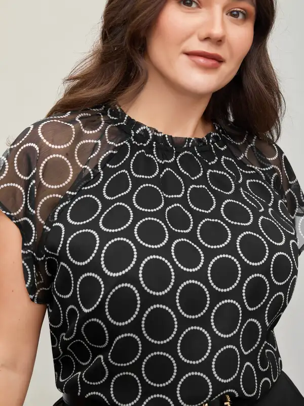 Polka Dot Mock Neck Mesh Patchwork Blouse